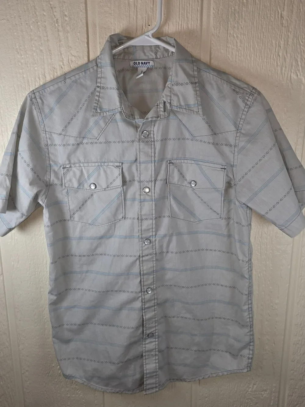 Boy's Old Navy Light Gray and Blue Short-Sleeve Button-Down Shirt, Size XL